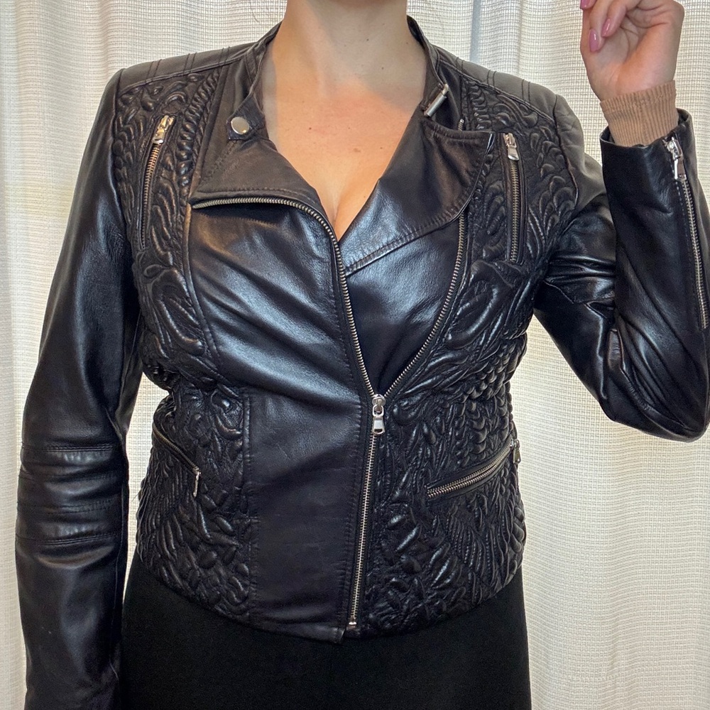 Unique Black Blue Raven undertone tint genuine Leather Jacket Spain Barcelona